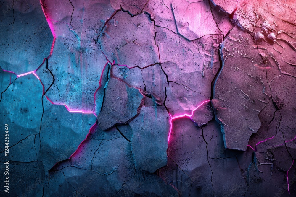 Fototapeta premium A surreal concrete wall with glowing cyan and magenta cracks shows an electric pattern in dim light