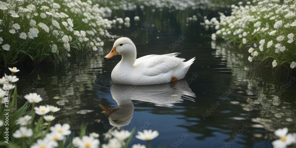 Fototapeta premium Peaceful scene of a white duck paddling in a glassy lake surrounded by a carpet of white flowers in full bloom, reflection, beauty, serenity, scenic