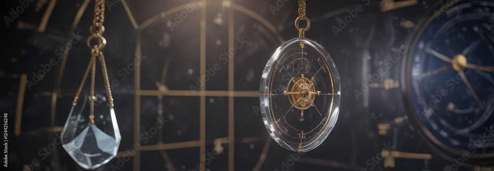 Naklejka premium pendulum hanging from a crystal pendant in front of an astrological chart , mystical, crystal pendant