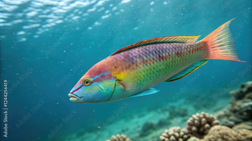 Naklejka premium Pictichromis paccagnellorum swimming in open water, Yellow and Red Stripes, Pictichromis paccagnelorum