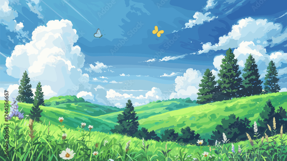 Obraz premium Green Hills with Butterflies and Wildflowers