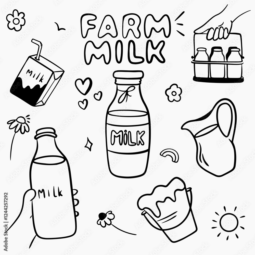 Obraz premium Dairy farm, production, in doodle style: hand with a box of milk, hand with a bottle of milk, character, lettering, glass of milk, carafe of milk, bucket milk