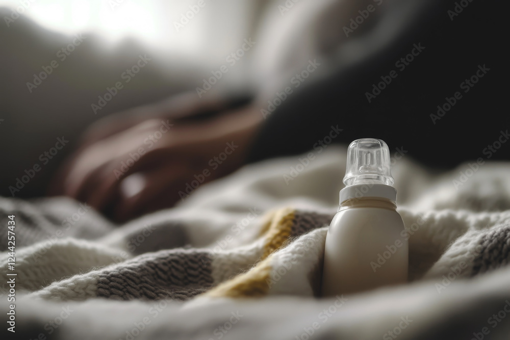 A baby feeding bottle filled with milk on a bed in a room. Banner with a blurred background and empty space for text. Maternity A baby feeding bottle filled with milk on a bed in a room. Banner with a blurred background and empty space for text. Maternity
