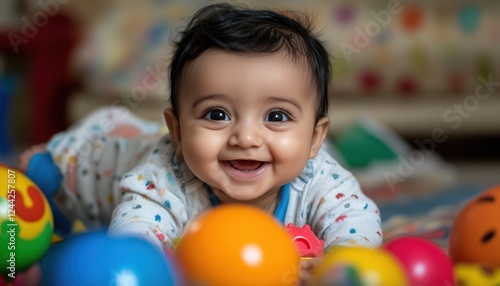 Happy 6-Month-Old Baby Engaged In Playful Exploration With Various Toys In The Comfort Of Their Home
