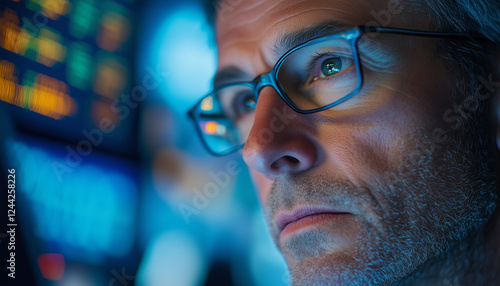 close up of a man looding at stock market data photo