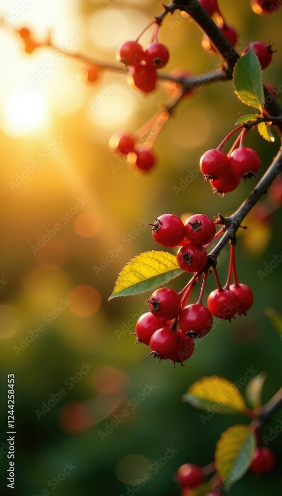 Obraz premium Red berries on Cotoneaster branches and leaves in a warm sunlight scene, sun, branches, shrub