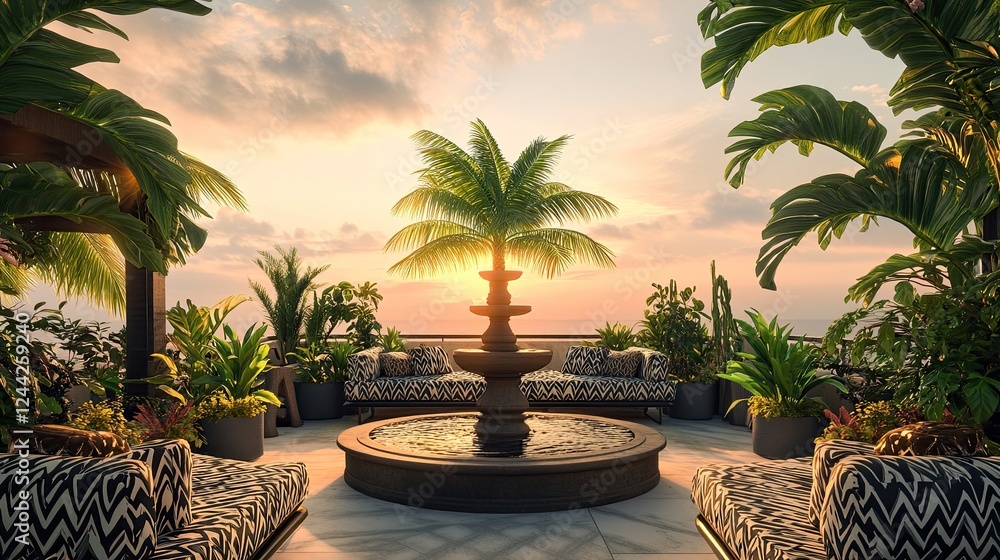 Fototapeta premium A rooftop verandah with a central asymmetrical fountain surrounded by lush tropical plants