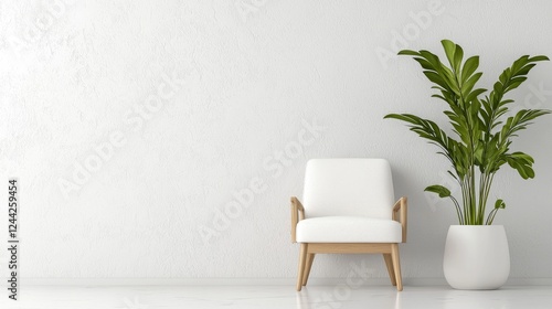 Minimalist white armchair and plant in modern room