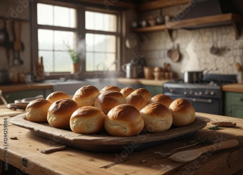 Wallpaper Mural Rustic farmhouse kitchen scene with freshly baked rolls and steam rising from dishes, dinner, Thanksgiving, food Torontodigital.ca