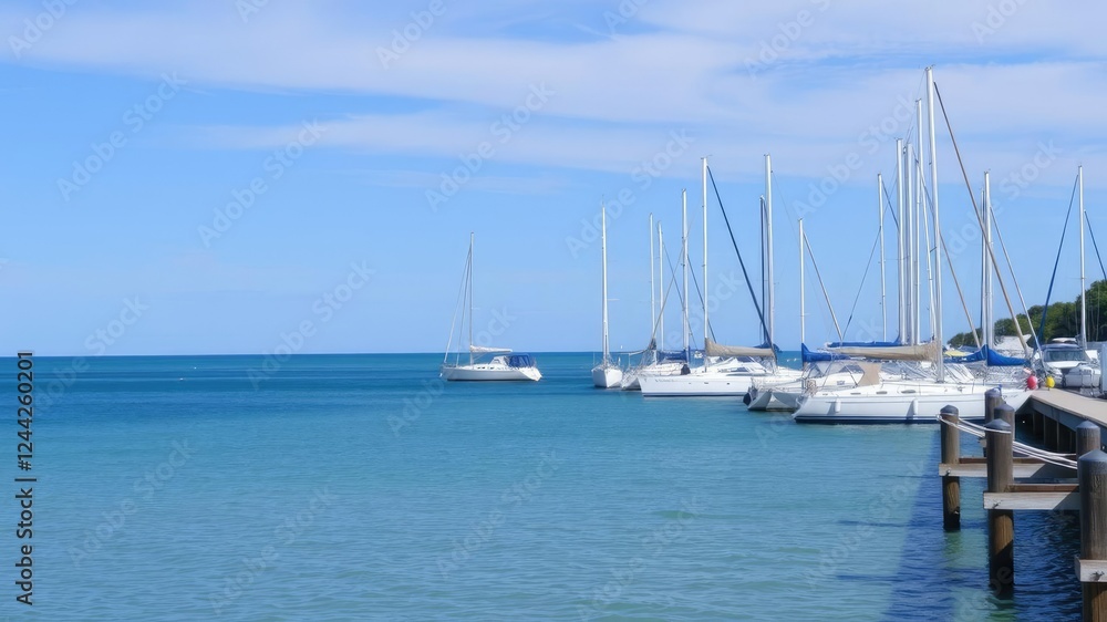 Sailboats docked along a scenic pier with calm sea waters and blue sky, waterfront, water sports, wave