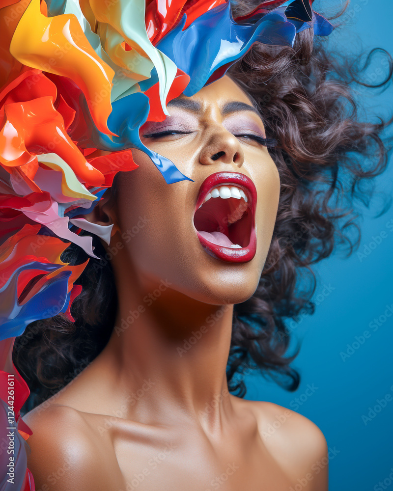 Surrealistisches buntes Porträt einer schreienden Frau, Generative AI