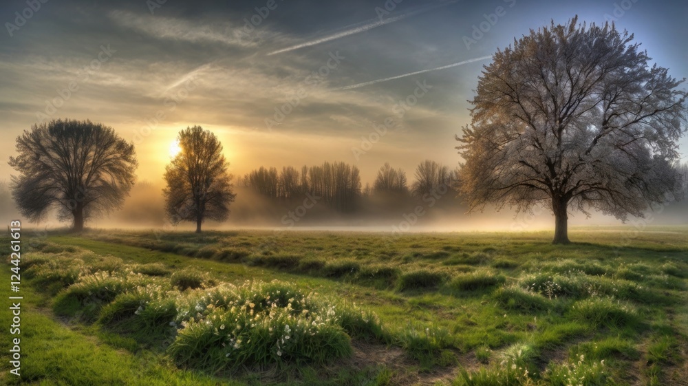 Fototapeta premium Morning in spring: fog over a field, first rays of the sun, blossoming trees