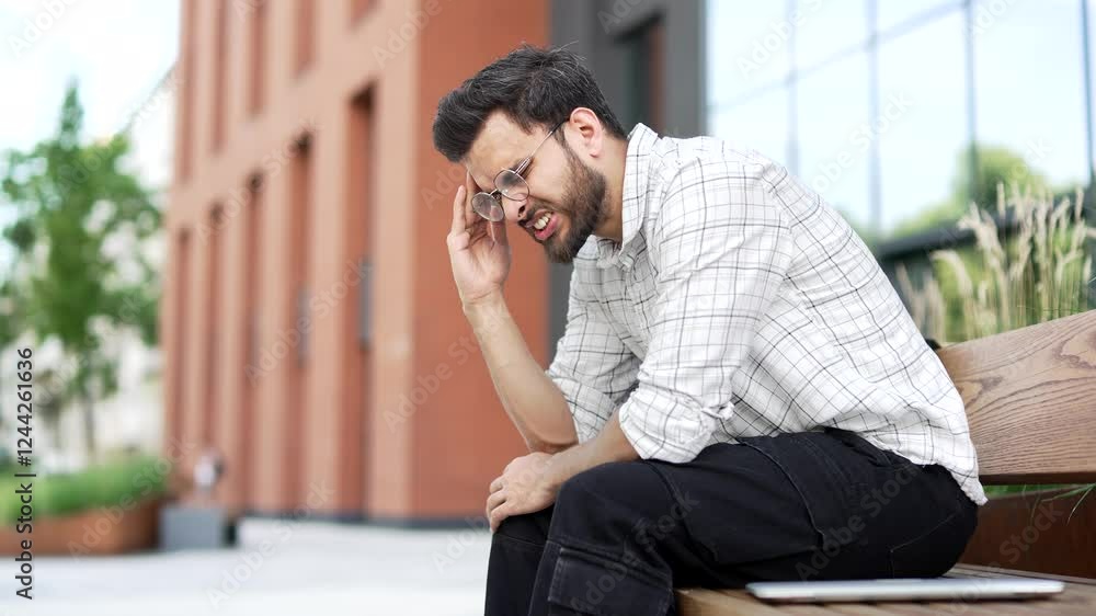 A young adult man is suffering from a headache while sitting on a bench on the street near an office building. Upset businessman massaging and rubbing his temples with his hand, feels tension and pain A young adult man is suffering from a headache while sitting on a bench on the street near an office building. Upset businessman massaging and rubbing his temples with his hand, feels tension and pain