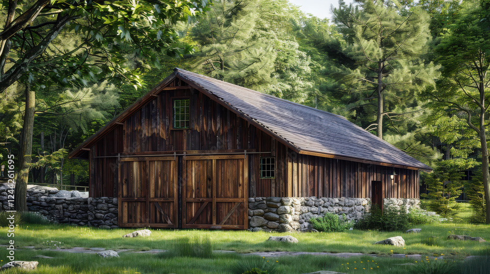 A rustic wooden barn surrounded by trees and greenery in a serene natural setting. A rustic wooden barn surrounded by trees and greenery in a serene natural setting.