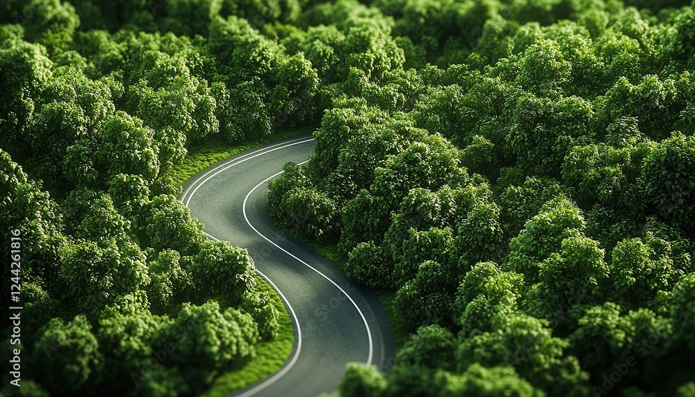 Winding asphalt road through lush dense green forest. Contrast between infrastructure and untouched nature. Aerial view of landscape. Winding asphalt road through lush dense green forest. Contrast between infrastructure and untouched nature. Aerial view of landscape.