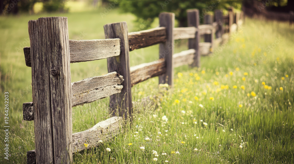 A rustic wooden fence in a grassy field with wildflowers. A rustic wooden fence in a grassy field with wildflowers.