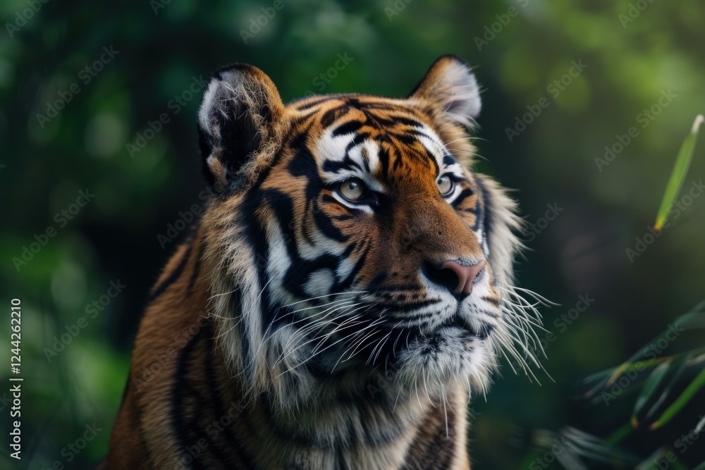 Majestic sumatran tiger displaying its distinctive stripes and intense gaze within a vibrant jungle setting Majestic sumatran tiger displaying its distinctive stripes and intense gaze within a vibrant jungle setting