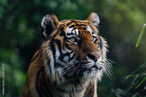 Majestic sumatran tiger displaying its distinctive stripes and intense gaze within a vibrant jungle setting photo