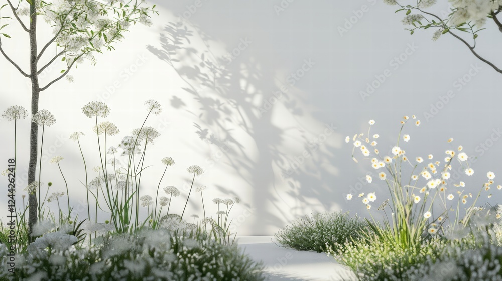 Fresh spring concept featuring new growth and blossoms on a white minimalist space Fresh spring concept featuring new growth and blossoms on a white minimalist space