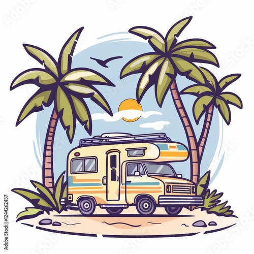 A yellow camper van is parked in front of a palm tree