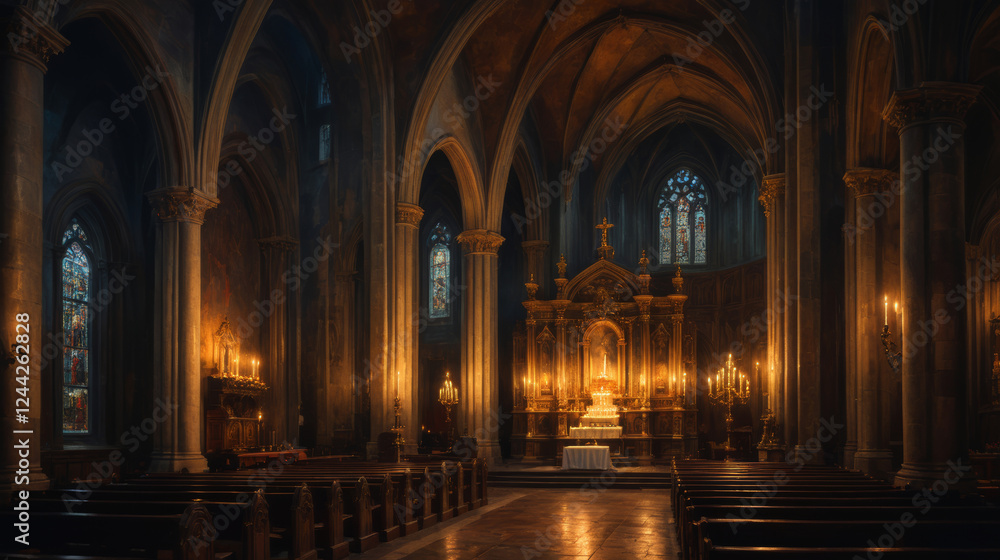 Fototapeta premium Elegant church interior with altar and candlelight for celebrations