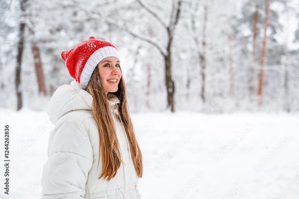Portrait of a beautiful young woman in a winter red hat smiling and playing with snow, picturesque winter forest Portrait of a beautiful young woman in a winter red hat smiling and playing with snow, picturesque winter forest