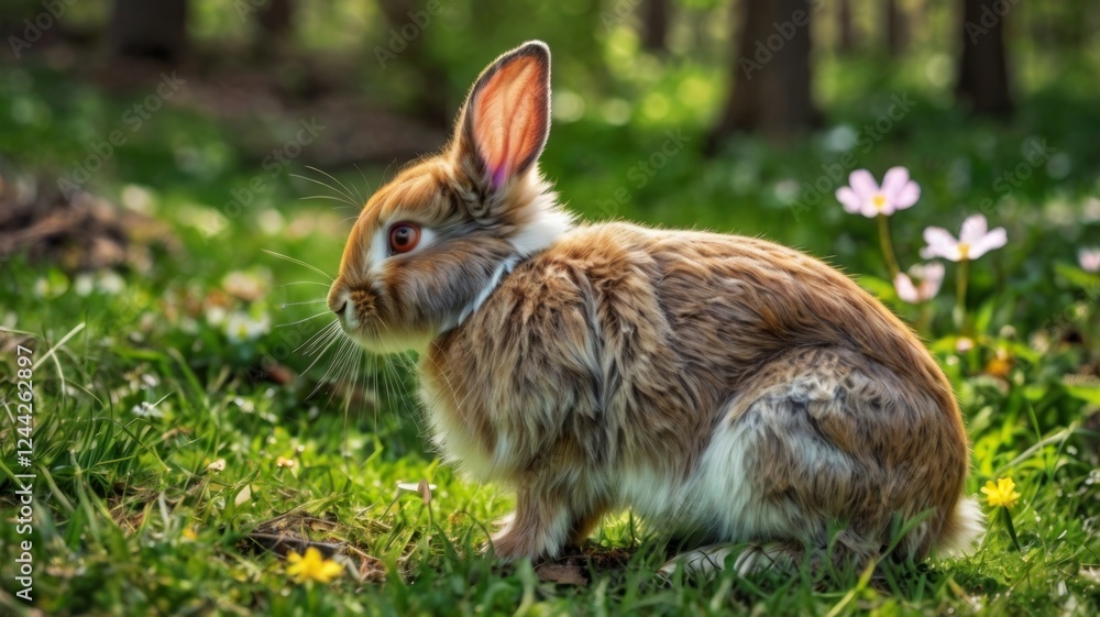 Fototapeta premium Cute rabbits in a spring forest, flowers and green grass around