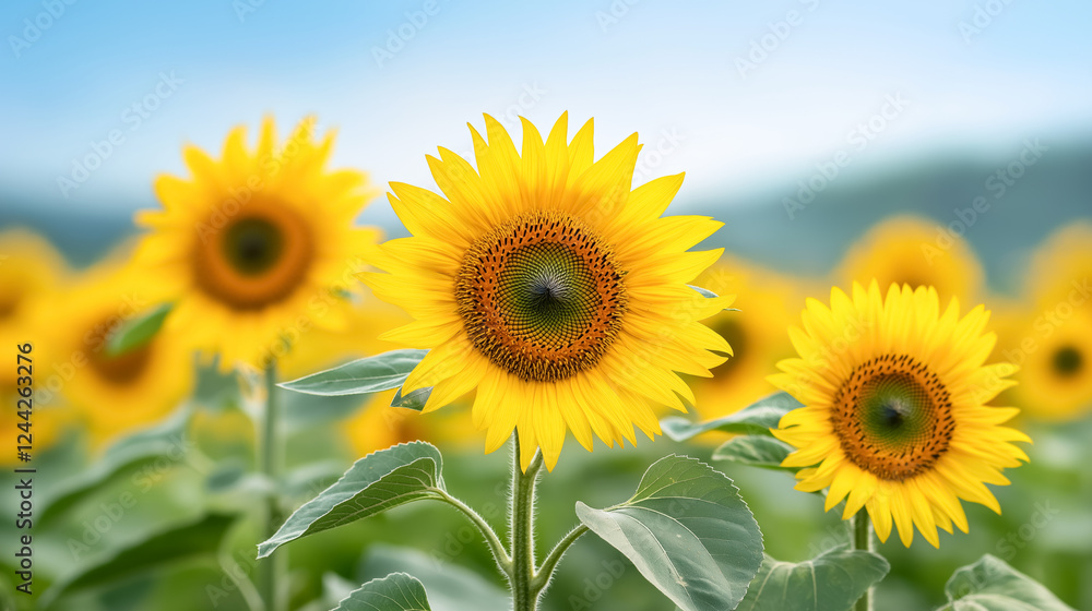 Fototapeta premium Bright sunflowers bloom in a summer field under a clear blue sky