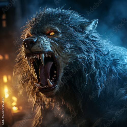 Obraz na płótnie Brüllender Werwolf in einer Mondnacht, Mhytologie, Horror, Generative AI w salonie