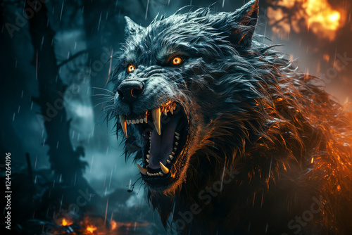 Obraz na płótnie Brüllender Werwolf in einer Mondnacht, Mhytologie, Horror, Generative AI w salonie