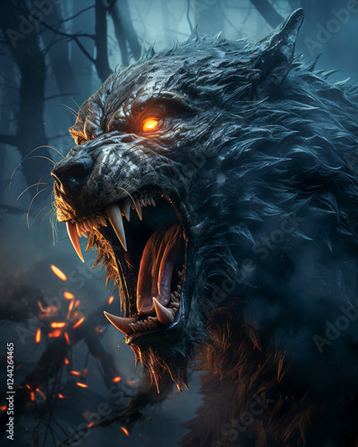Obraz na płótnie Brüllender Werwolf in einer Mondnacht, Mhytologie, Horror, Generative AI w salonie