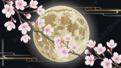 Cherry Blossoms with Golden Moon Japanese Style