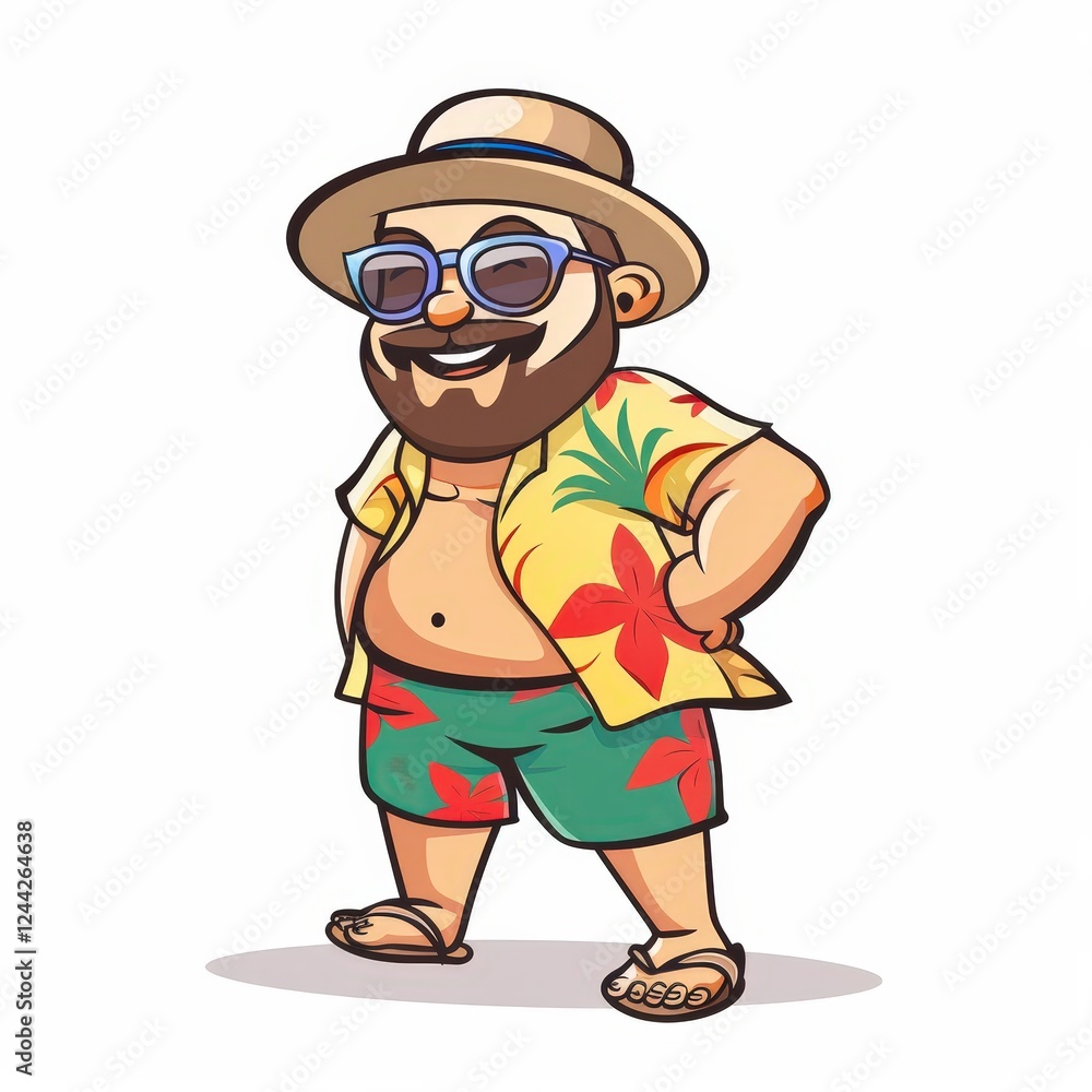 Fototapeta premium A cartoon man wearing a Hawaiian shirt and shorts is smiling