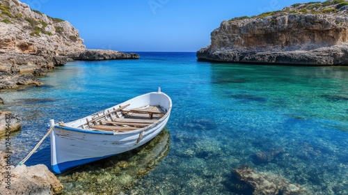 Fototapeta Naklejka Na Ścianę i Meble -  Tranquil Cove with Old Fishing Boat: A Picturesque Mediterranean Harbor Escape