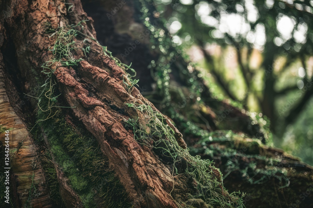 Close-up of a mossy, textured tree trunk in a forest, showing age and nature's growth.