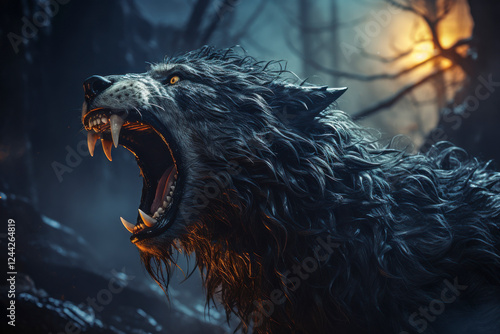 Obraz na płótnie Brüllender Werwolf in einer Mondnacht, Mhytologie, Horror, Generative AI w salonie