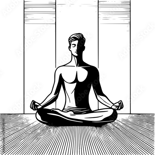 Meditating man in a calm indoor space, promoting mindfulness and inner peace