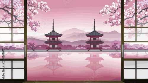 Pagodas at Sunset with Cherry Blossoms Reflection