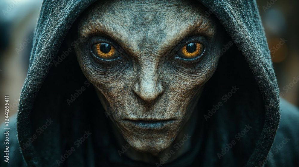 A creepy alien with yellow eyes stares at the camera A creepy alien with yellow eyes stares at the camera