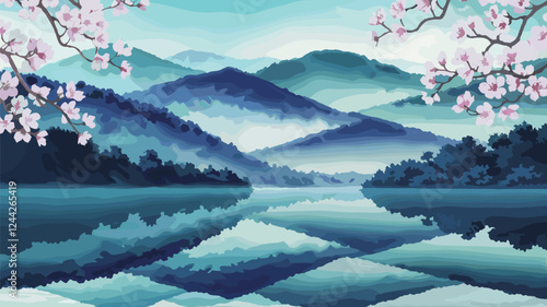 Misty Mountains with Cherry Blossoms Lake Reflection