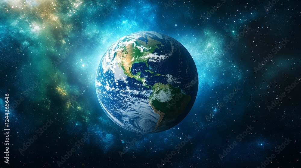 A blue and green planet in the middle of a starry sky A blue and green planet in the middle of a starry sky