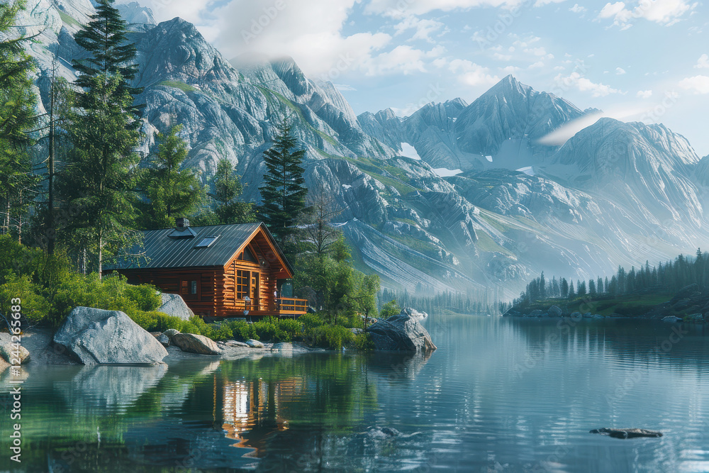 Fototapeta premium A serene lakeside cabin surrounded by majestic mountains and lush greenery.