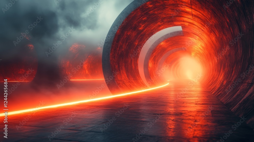 Fototapeta premium A tunnel with a red wall and a glowing light