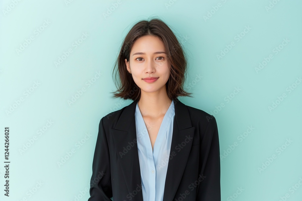 Asian woman in black blazer, mint green wall, soft smile portrait, modern professional style, subtle pastel vibe, copy space for text, vertical orientation
Asian woman in black blazer, mint green wall, soft smile portrait, modern professional style, subtle pastel vibe, copy space for text, vertical orientation