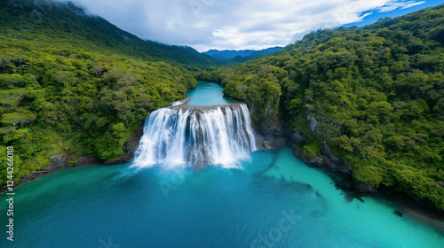 Majestic waterfall cascading into crystal clear turquoise waters surrounded by lush greenery