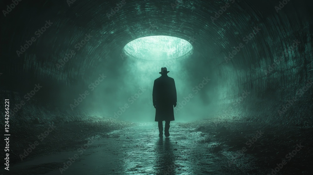 A man in a hat is walking through a tunnel A man in a hat is walking through a tunnel