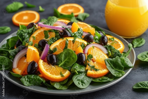 Fresh spinach salad with oranges and olives served with orange juice