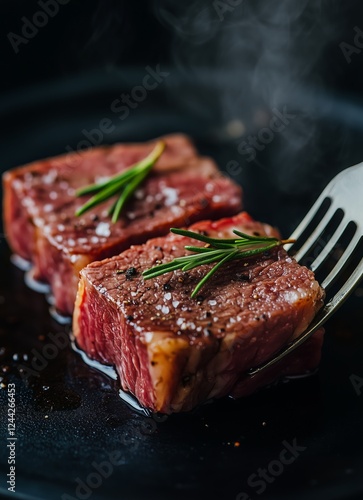 Juicy steak slices garnished with fresh rosemary on a dark plate during a cul...