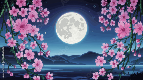 Cherry Blossoms Moonlit Night Landscape