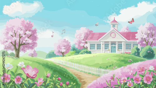 Spring Schoolhouse Landscape with Blossoms